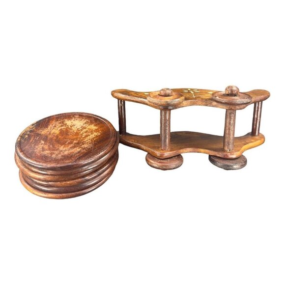 Vintage Wooden Wheel Cart Shape Tea Coffee Coaster Home Decorative Set 6 VTG - Picture 3 of 10